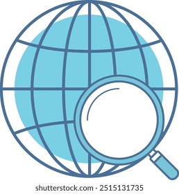 «An icon for the internet. Presenta una lupa que representa una búsqueda, colocada sobre un fondo de un símbolo de globo terráqueo. Un diseño simple adecuado para varios medios".