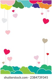 "An illustration of Colorful FluffyClouds and Heart Hanging Adornments, ideal for creating a variety of charming content, such as presentations, graphics, video editing, and beyond."