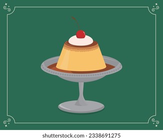 "An illustration of a pudding topped with cream and cherry