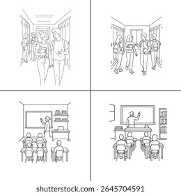 "Ilustração de um professor explicando uma aula para os alunos em sala de aula. O professor está escrevendo em um quadro-negro, com os alunos envolvidos no aprendizado. A cena é vibrante, com livros e livros