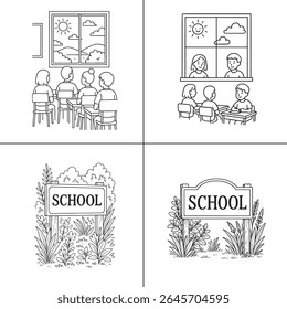 "Ilustração de um professor explicando uma aula para os alunos em sala de aula. O professor está escrevendo em um quadro-negro, com os alunos envolvidos no aprendizado. A cena é vibrante, com livros e livros