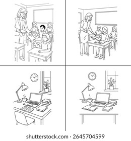 "Ilustração de um professor explicando uma aula para os alunos em sala de aula. O professor está escrevendo em um quadro-negro, com os alunos envolvidos no aprendizado. A cena é vibrante, com livros e livros
