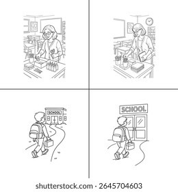 "Ilustração de um professor explicando uma aula para os alunos em sala de aula. O professor está escrevendo em um quadro-negro, com os alunos envolvidos no aprendizado. A cena é vibrante, com livros e livros