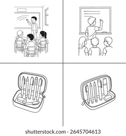 "Ilustração de um professor explicando uma aula para os alunos em sala de aula. O professor está escrevendo em um quadro-negro, com os alunos envolvidos no aprendizado. A cena é vibrante, com livros e livros