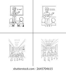 "Ilustração de um professor explicando uma aula para os alunos em sala de aula. O professor está escrevendo em um quadro-negro, com os alunos envolvidos no aprendizado. A cena é vibrante, com livros e livros