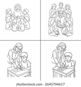 "Ilustração de um professor explicando uma aula para os alunos em sala de aula. O professor está escrevendo em um quadro-negro, com os alunos envolvidos no aprendizado. A cena é vibrante, com livros e livros