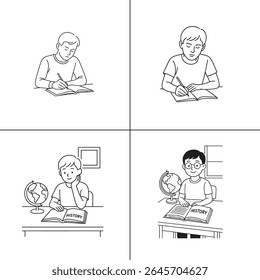 "Ilustração de um professor explicando uma aula para os alunos em sala de aula. O professor está escrevendo em um quadro-negro, com os alunos envolvidos no aprendizado. A cena é vibrante, com livros e livros