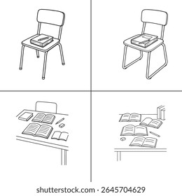 "Ilustração de um professor explicando uma aula para os alunos em sala de aula. O professor está escrevendo em um quadro-negro, com os alunos envolvidos no aprendizado. A cena é vibrante, com livros e livros