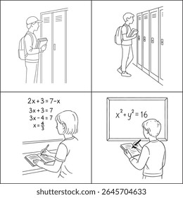 "Ilustração de um professor explicando uma aula para os alunos em sala de aula. O professor está escrevendo em um quadro-negro, com os alunos envolvidos no aprendizado. A cena é vibrante, com livros e livros