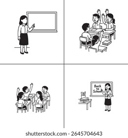 "Ilustração de um professor explicando uma aula para os alunos em sala de aula. O professor está escrevendo em um quadro-negro, com os alunos envolvidos no aprendizado. A cena é vibrante, com livros e livros