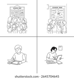 "Ilustração de um professor explicando uma aula para os alunos em sala de aula. O professor está escrevendo em um quadro-negro, com os alunos envolvidos no aprendizado. A cena é vibrante, com livros e livros
