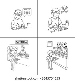 "Ilustração de um professor explicando uma aula para os alunos em sala de aula. O professor está escrevendo em um quadro-negro, com os alunos envolvidos no aprendizado. A cena é vibrante, com livros e livros