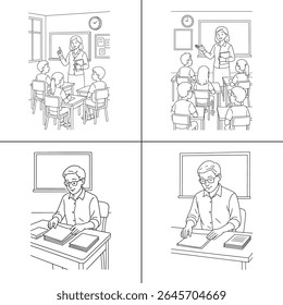 "Ilustração de um professor explicando uma aula para os alunos em sala de aula. O professor está escrevendo em um quadro-negro, com os alunos envolvidos no aprendizado. A cena é vibrante, com livros e livros