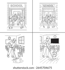"Ilustração de um professor explicando uma aula para os alunos em sala de aula. O professor está escrevendo em um quadro-negro, com os alunos envolvidos no aprendizado. A cena é vibrante, com livros e livros
