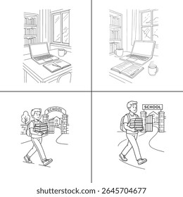 "Ilustração de um professor explicando uma aula para os alunos em sala de aula. O professor está escrevendo em um quadro-negro, com os alunos envolvidos no aprendizado. A cena é vibrante, com livros e livros