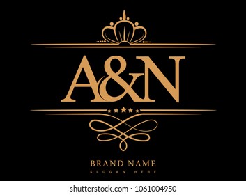 A&N Initial logo, Ampersand initial logo gold with crown and classic pattern