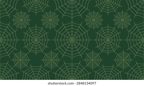['An intricate repeating pattern features detailed golden spider webs arranged systematically across a dark green surface, creating a subtle and eerie backdrop.']