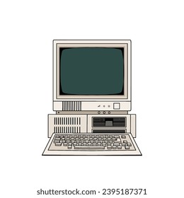 "An old computer with a keyboard on it" - A vintage desktop computer with a keyboard, perfect for nostalgic tech designs, retro concepts, or illustrating the history of computing.