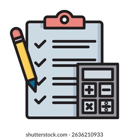 ,An outline of a clipboard with a checklist, pencil, and calculator. Conceptual illustration representing business, finance, planning, and accounting