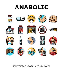 anabolic steroid testosterone icons set vector. dianabol trenbolone, anavar, winstrol, deca durabolin, anadrol primobolan, equipoise anabolic steroid testosterone color line illustrations