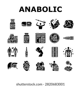 anabolic steroid testosterone icons set vector. dianabol trenbolone, anavar, winstrol, deca durabolin, anadrol primobolan, equipoise anabolic steroid testosterone glyph pictogram Illustrations