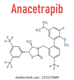 Anacetrapib hypercholesterolemia drug molecule. CETP or cholesterylester transfer protein, 
inhibitor for the treatment of elevated cholesterol levels. Skeletal formula.