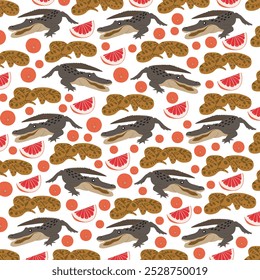 anaconda, crocodile with fruit as a pattern background