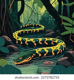 Anaconda snake in a river flowing through the rainforest. Tropical rainforest reptiles animals. Flat vector illustration concept