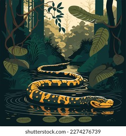 Anaconda snake in a river flowing through the rainforest. Tropical rainforest reptiles animals. Flat vector illustration concept