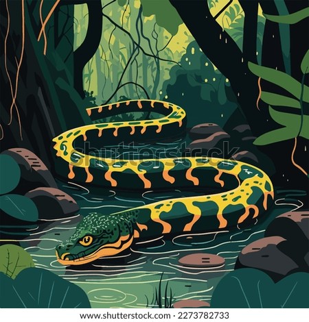 Anaconda snake in a river flowing through the rainforest. Tropical rainforest reptiles animals. Flat vector illustration concept