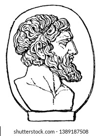 Anacreon, he was a Greek lyric poet, famous for his drinking songs and hymns, vintage line drawing or engraving illustration