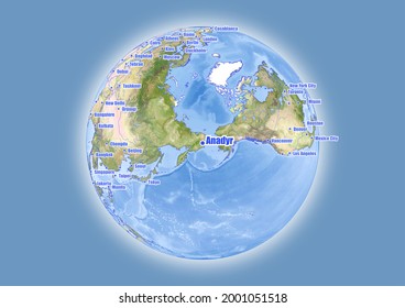 Anadyr-Russia se muestra en el mapa del mundo vectorial. El mapa muestra la ubicación de Anadyr-Russia en el mundo.