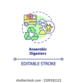 Anaerobic digesters concept icon. Livestock greenhouse gases reduction abstract idea thin line illustration. Isolated outline drawing. Editable stroke. Roboto-Medium, Myriad Pro-Bold fonts used