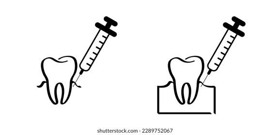 Anaesthetic injection icon. Cartoon healthy, tooth with gums. Vector and medical spring. Damage teeth or tooth with caries. Cracked tooth, mouth and dental, damaged. Dental injection.