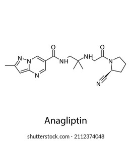 Anagliptin molecular structure, flat skeletal chemical formula. DPP4 inhibitor drug used to treat Diabetes type 2. Vector illustration.