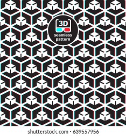 Anaglyph 3D black and white seamless vector pattern. Geometric background with rhombuses and cubes. Stereoscopic 3D effect texture for red cyan glasses. Creative geometrical template for your text.
