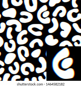 Anaglyph animal skin print in black and white in 80's, 90's retro style. Leopard skin background with 3D glitch effect. Vintage seamless pattern.

