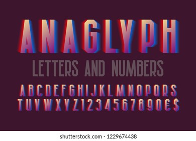 Anaglyph letters and numbers with currency signs. Urban vibrant font. Isolated english alphabet.