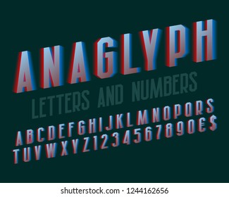 Anaglyph letters and numbers with currency signs. Urban glowing font. Isolated english alphabet.