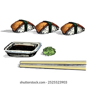 sushi anago delicioso com wasabi gengibre e soja fonte comida asiática japanees restaurante prato desenhar ilustração linear isolado no fundo branco