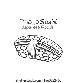 Anago sushi outline icon. Japanese traditional food illustration. Isolated hand drawn vector seafood badge.