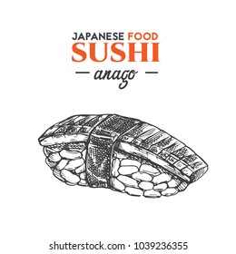 Anago sushi sketch. Japanese traditional food icon. Isolated hand drawn vector illustration.