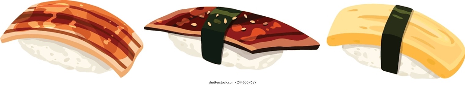 Anago, Unagi, Tamago nigiri. Anguila marina, anguila de agua dulce, sushi de huevo dulce. Ilustración de sushi Vectores