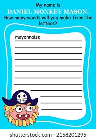 Anagram word game for kids with cartoon pirate captain vector illustration