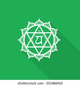 Anahata.  Beautiful indian ornamental 7 chakras collection. Vector illustration. Color yoga chakra flat icon with long shadow. 7 chakra mandalas. 