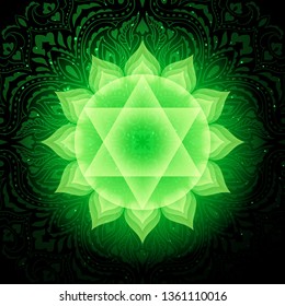 Anahata chakra colorido símbolo brillante con fondo mandala. Ilustración vectorial del elemento de meditación espiritual. Corazón Chakra.