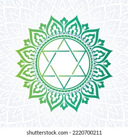 Anahata chakra colorful symbol with mandala background. Spiritual meditation element vector illustration. Heart Chakra.