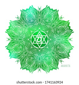 Ilustración vectorial de color Anahata Cuarto chakra. Símbolo de chakra cardíaca. Color verde. Para la meditación de sanación del yoga del logo. Hermosa mandala de contorno. Étnica, de estilo indio.