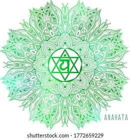 Ilustración vectorial de color Anahata Cuarto chakra. Símbolo de chakra cardíaca. Color verde. Para el logotipo de la meditación curativa del yoga mandala. Hermosa mandala de contorno. Étnica, de estilo indio.