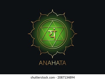 Anahata Fourth chakra  with the Hindu Sanskrit seed mantra Vam. green is a flat design style symbol for meditation, yoga. Gold Logo template Vector isolated on black background